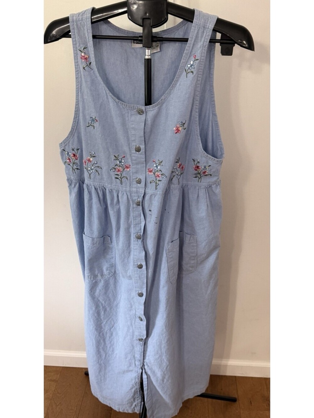 Vintage Capacity Womens Size Lrg Denim Dress Long Button Floral Embroidery